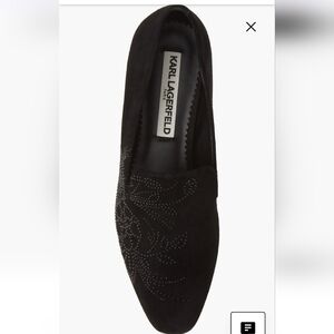 Karl Lagerfeld Black Suede Loafer Studded Floral Detail Minimilist Preppy Chic